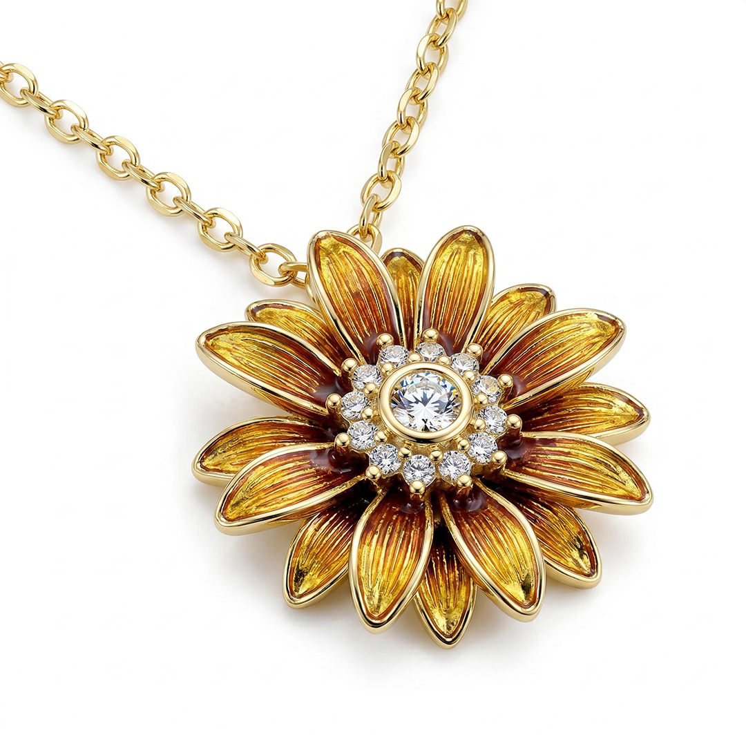 Enamel Nature Glaze Brown Yellow Sunflower Pendant Necklace