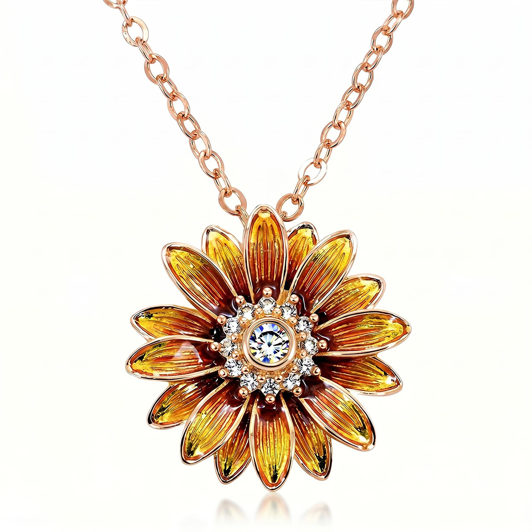 Enamel Nature Glaze Brown Yellow Sunflower Pendant Necklace