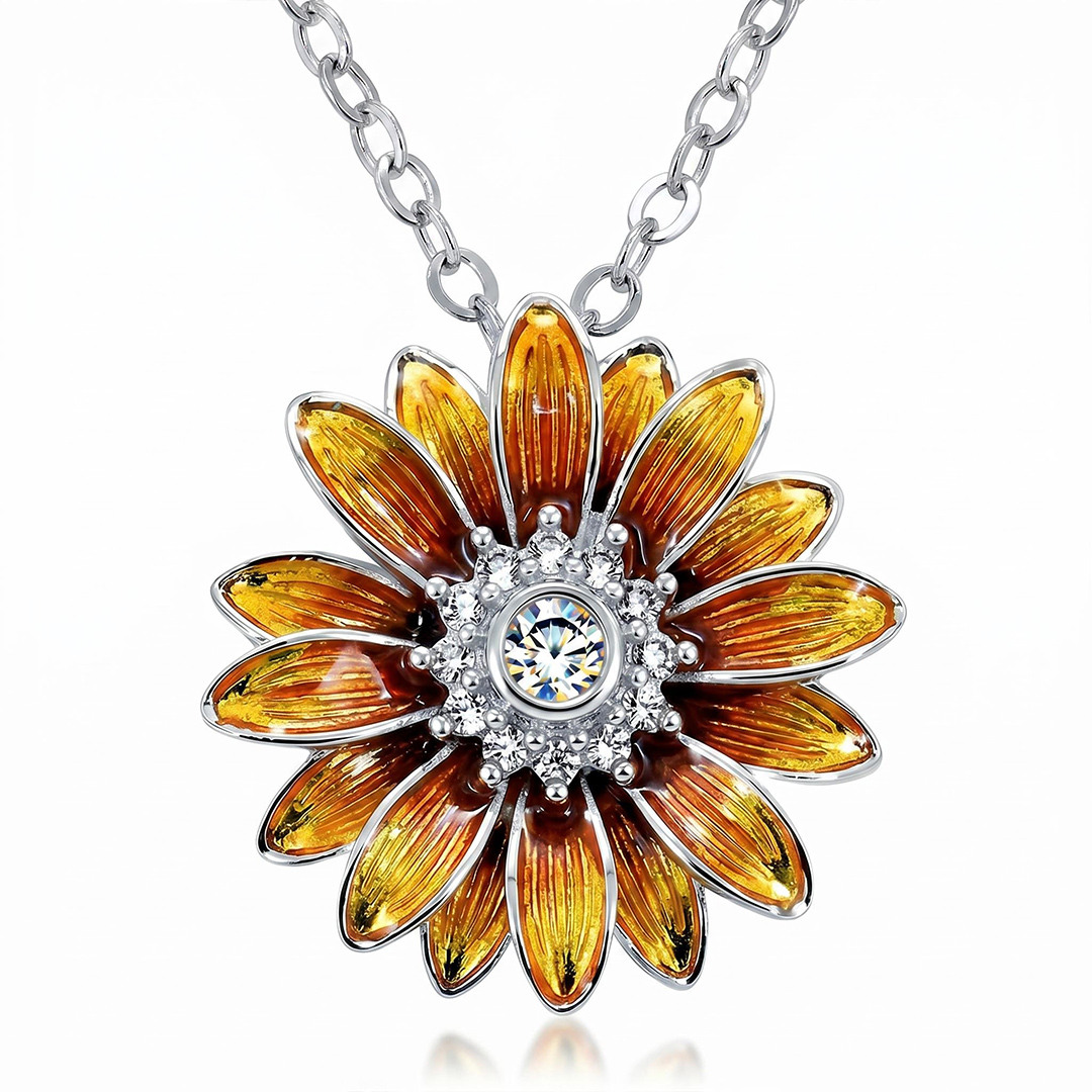 Enamel Nature Glaze Brown Yellow Sunflower Pendant Necklace