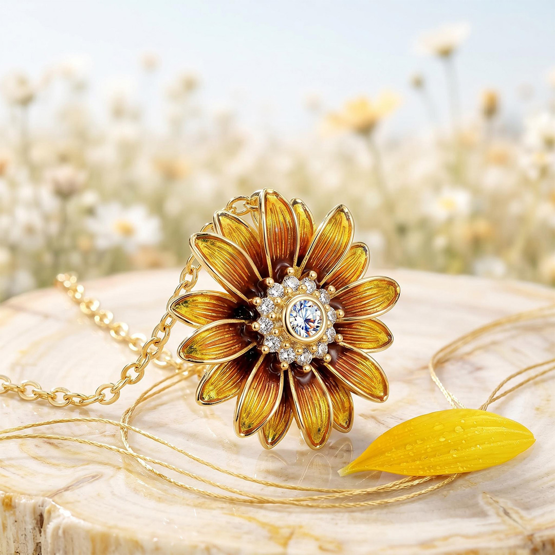 Enamel Nature Glaze Brown Yellow Sunflower Pendant Necklace