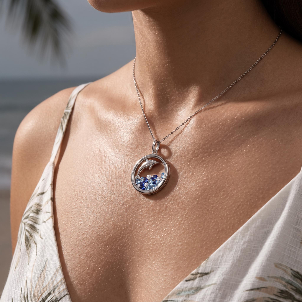 0.81ct.tw. Round Frame Blue Dolphin Shaker Pendant 0.81ct.tw. Round Frame Blue Dolphin Shaker Pendant