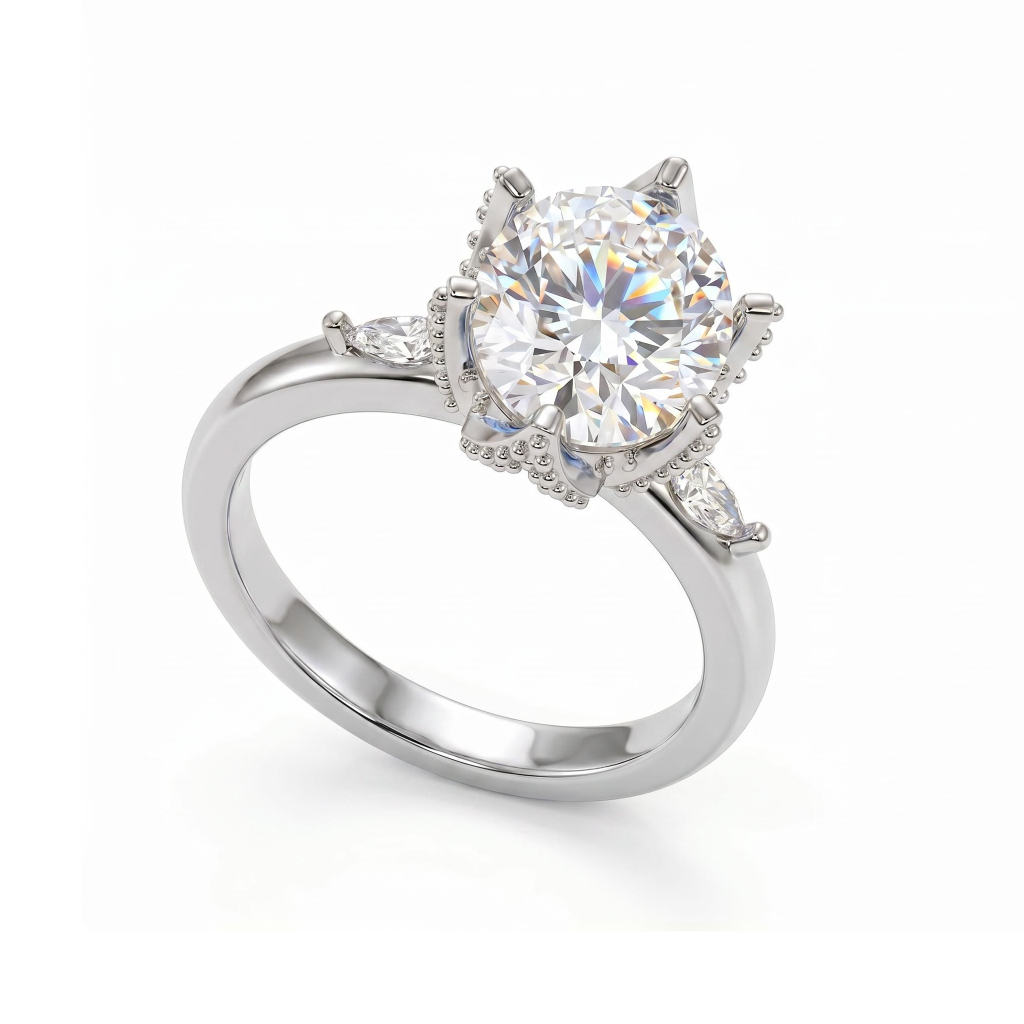 5.37 ct.tw. Oval Cut Hidden Halo with Marquise Cut Side Stone Engagement Ring