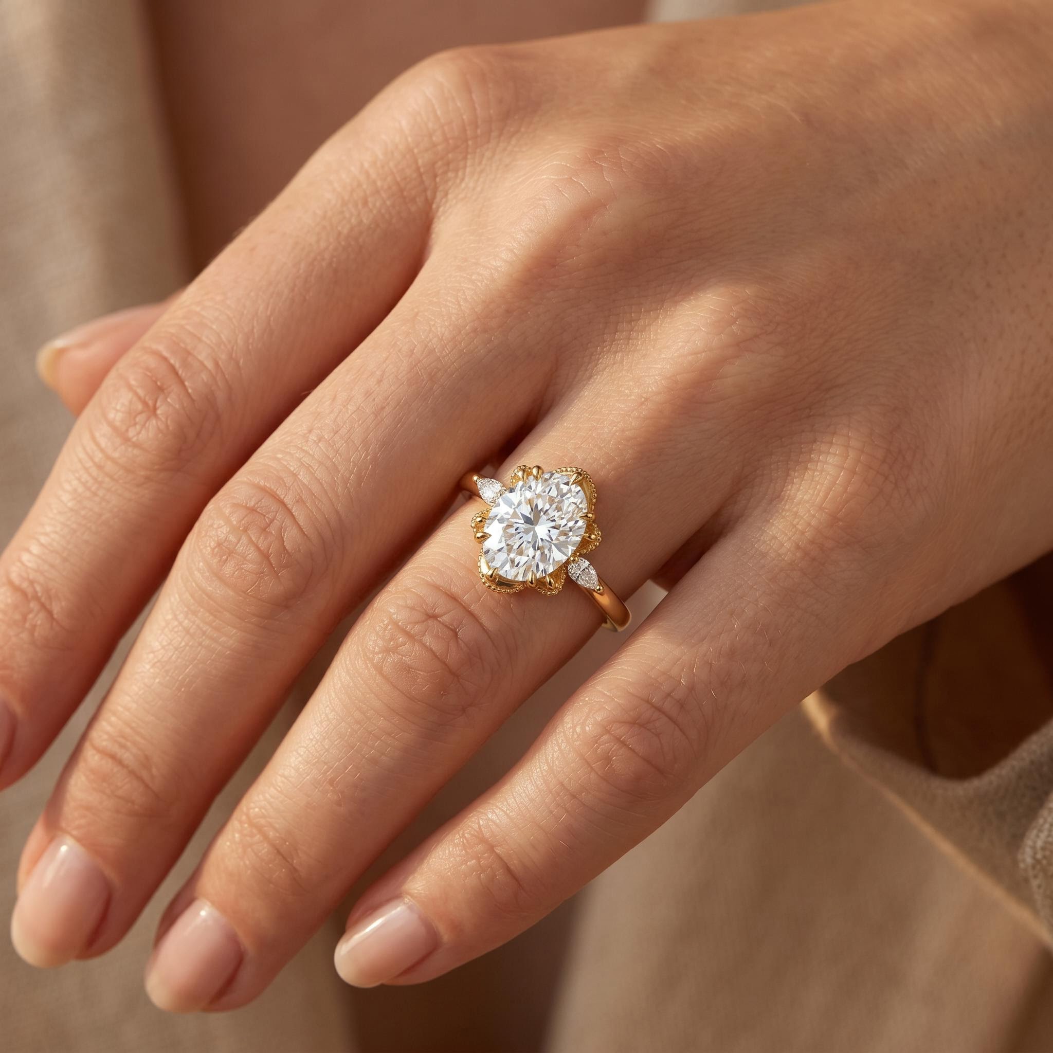 5.37 ct.tw. Oval Cut Hidden Halo with Marquise Cut Side Stone Engagement Ring