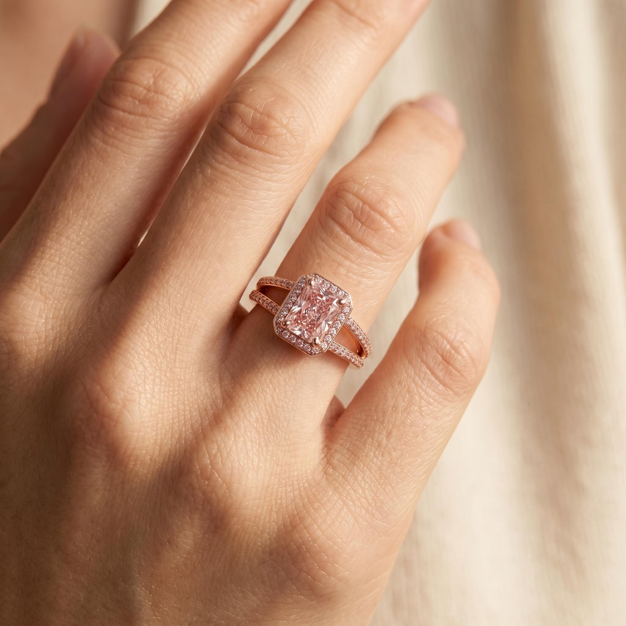 2.43 ct.tw. Pink Radiant Cut Halo Split Shank Engagement Ring 2.43 ct.tw. Pink Radiant Cut Halo Split Shank Engagement Ring