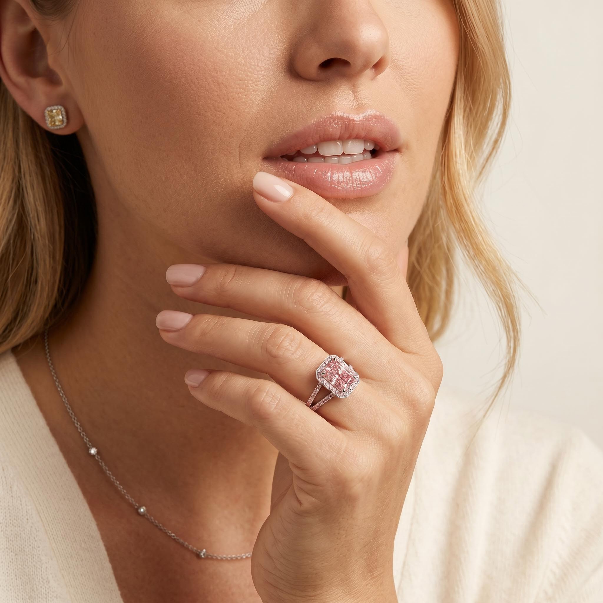2.43 ct.tw. Pink Radiant Cut Halo Split Shank Engagement Ring 2.43 ct.tw. Pink Radiant Cut Halo Split Shank Engagement Ring