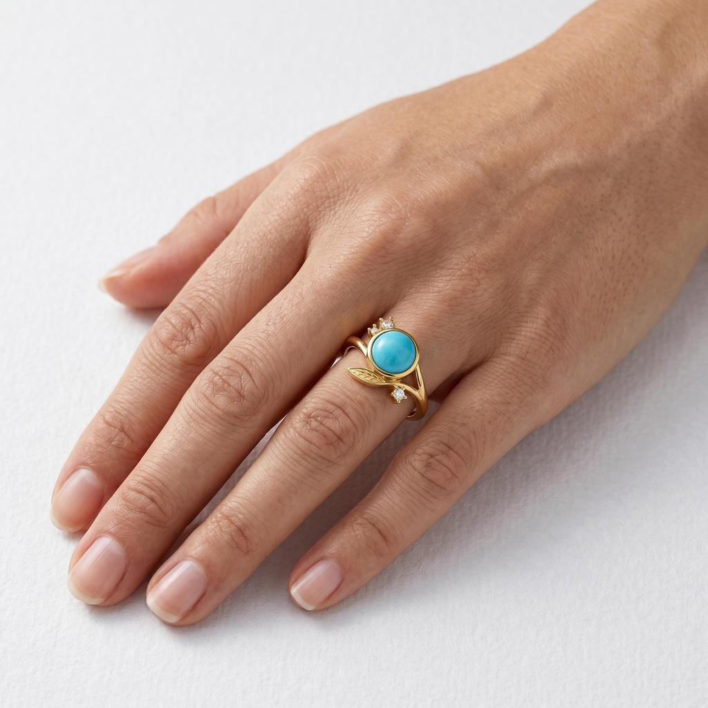 Nature-inspired Round Blue Turquoise Leaf Diaily Ring Nature-inspired Round Blue Turquoise Leaf Diaily Ring