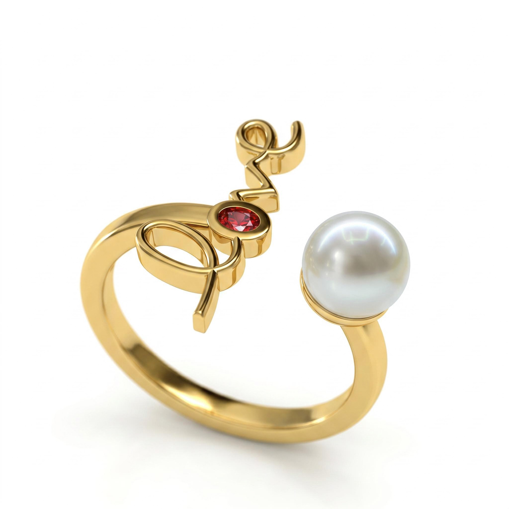 0.06 ct.tw. Garnet Oval Stone Love with Pearl Stylized Open Ring