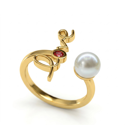 0.06 ct.tw. Garnet Oval Stone Love with Pearl Stylized Open Ring