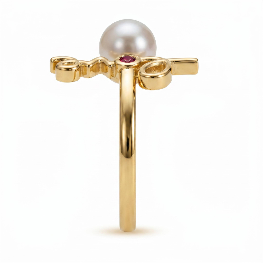 0.06 ct.tw. Garnet Oval Stone Love with Pearl Stylized Open Ring