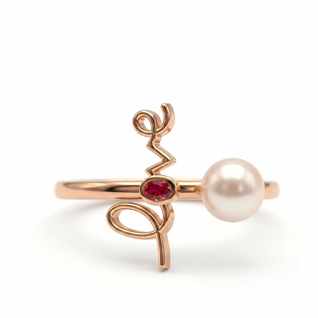 0.06 ct.tw. Garnet Oval Stone Love with Pearl Stylized Open Ring