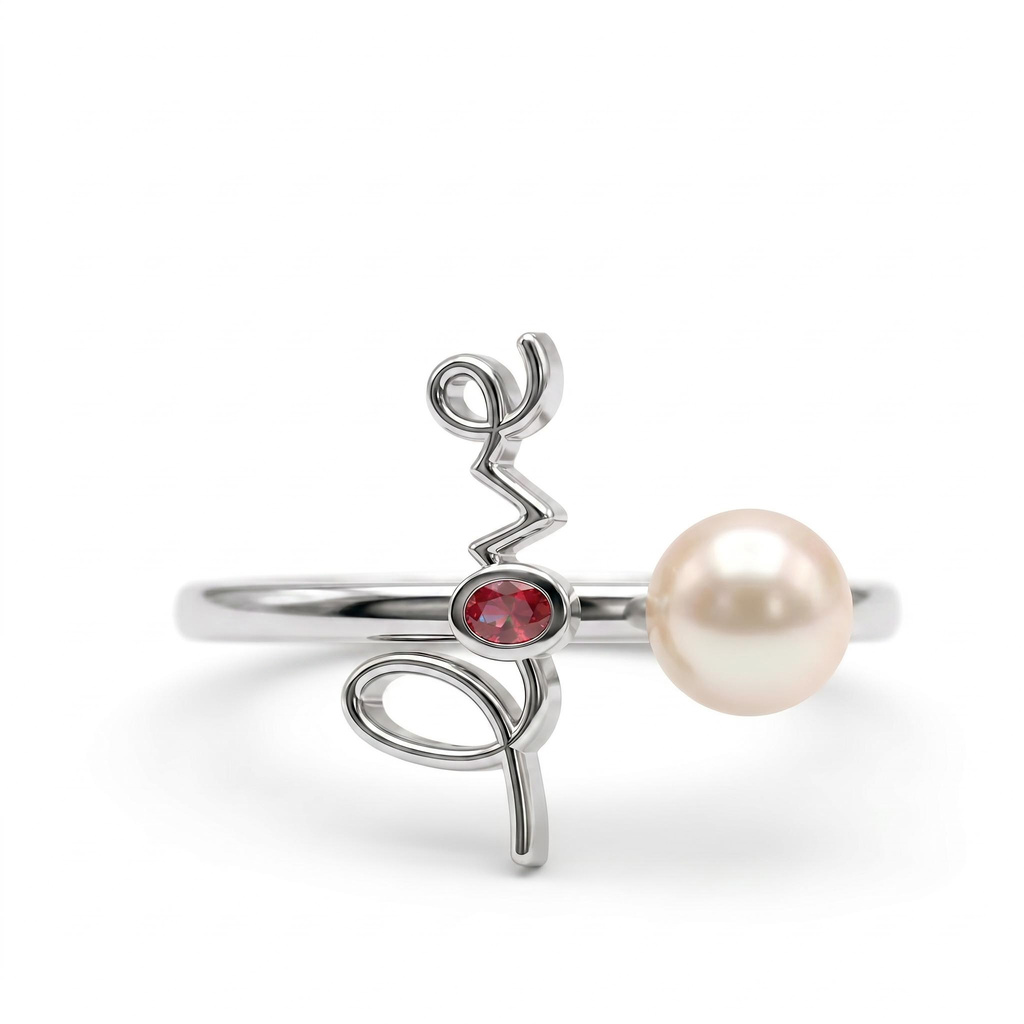 0.06 ct.tw. Garnet Oval Stone Love with Pearl Stylized Open Ring