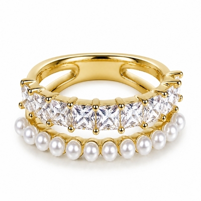 2.49 ct.tw. Double Row Open Cuff  Pearl with Princess Cut Band