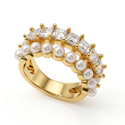 2.49 ct.tw. Double Row Open Cuff  Pearl with Princess Cut Band