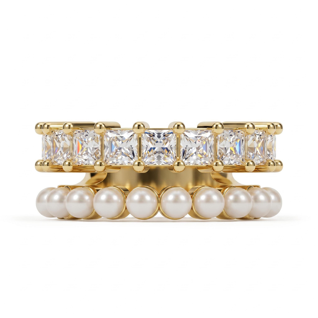 2.49 ct.tw. Double Row Open Cuff Pearl with Princess Cut Band 2.49 ct.tw. Double Row Open Cuff Pearl with Princess Cut Band