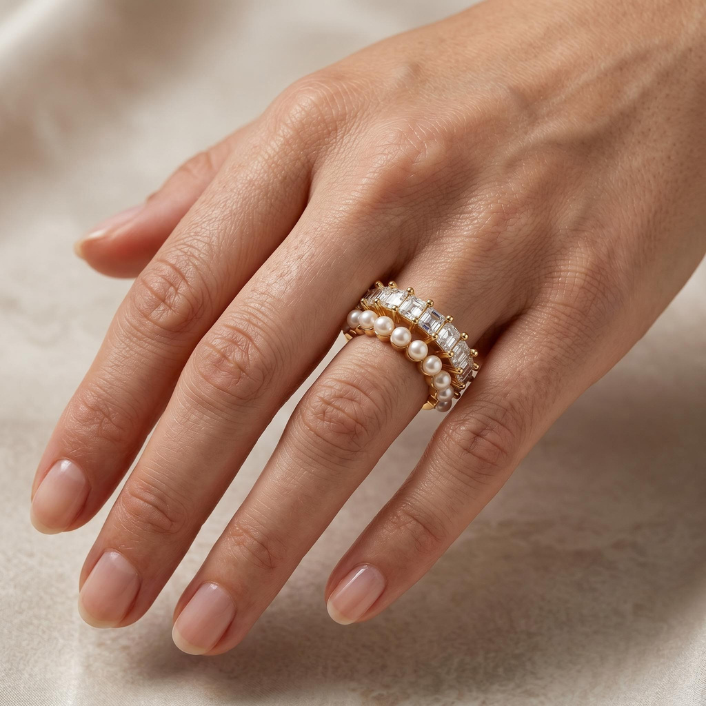2.49 ct.tw. Double Row Open Cuff Pearl with Princess Cut Band 2.49 ct.tw. Double Row Open Cuff Pearl with Princess Cut Band