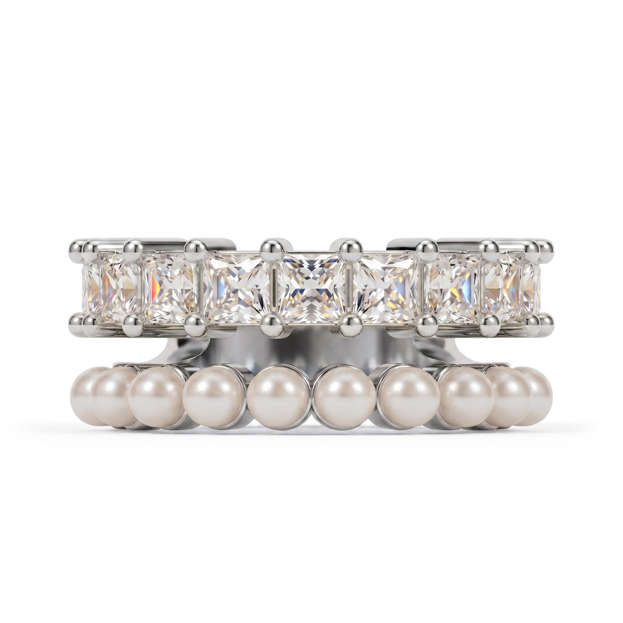 2.49 ct.tw. Double Row Open Cuff Pearl with Princess Cut Band 2.49 ct.tw. Double Row Open Cuff Pearl with Princess Cut Band