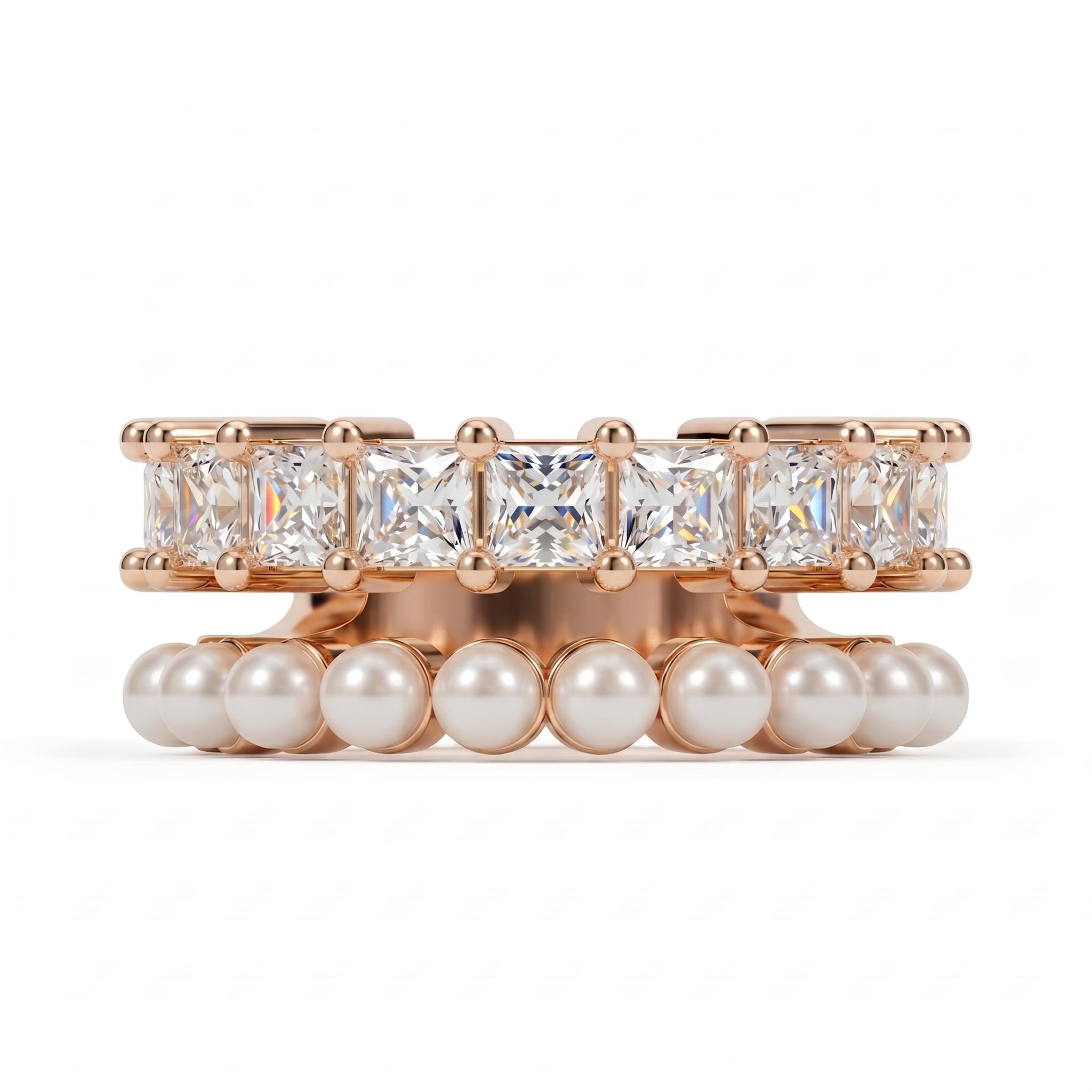 2.49 ct.tw. Double Row Open Cuff Pearl with Princess Cut Band 2.49 ct.tw. Double Row Open Cuff Pearl with Princess Cut Band