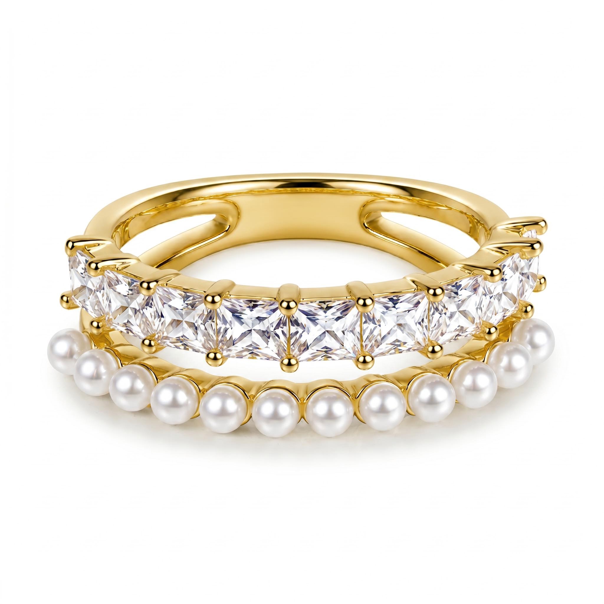 2.49 ct.tw. Double Row Open Cuff Pearl with Princess Cut Band 2.49 ct.tw. Double Row Open Cuff Pearl with Princess Cut Band