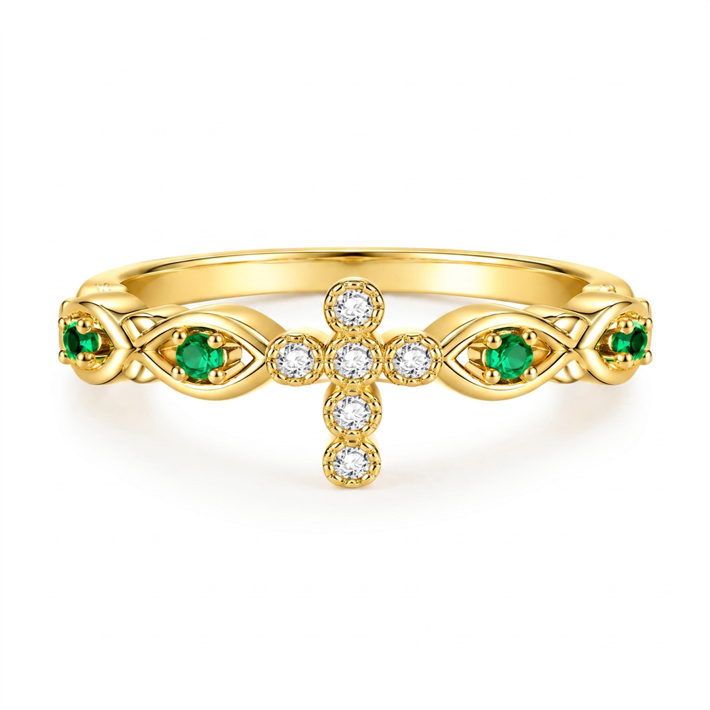 0.13 ct.tw. Cross Design Green Stone Band Ring 0.13 ct.tw. Cross Design Green Stone Band Ring