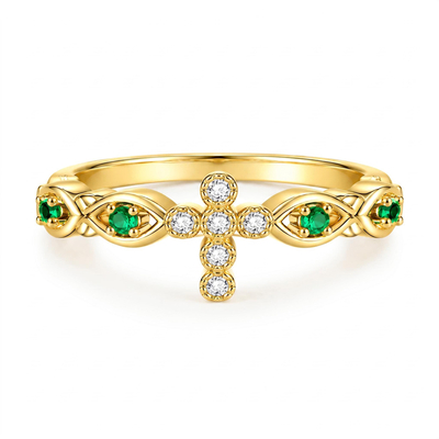 0.13 ct.tw. Cross Design Green Stone Band Ring