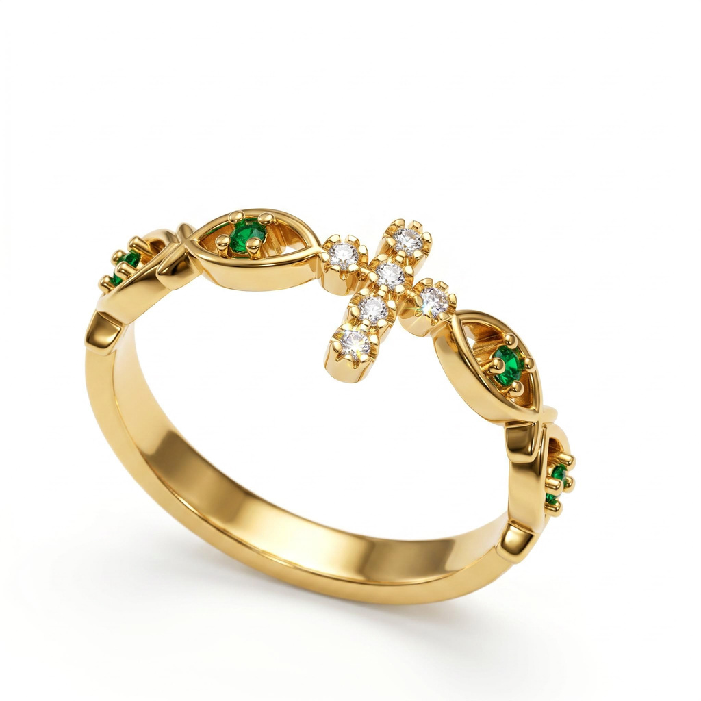 0.13 ct.tw. Cross Design Green Stone Band Ring 0.13 ct.tw. Cross Design Green Stone Band Ring
