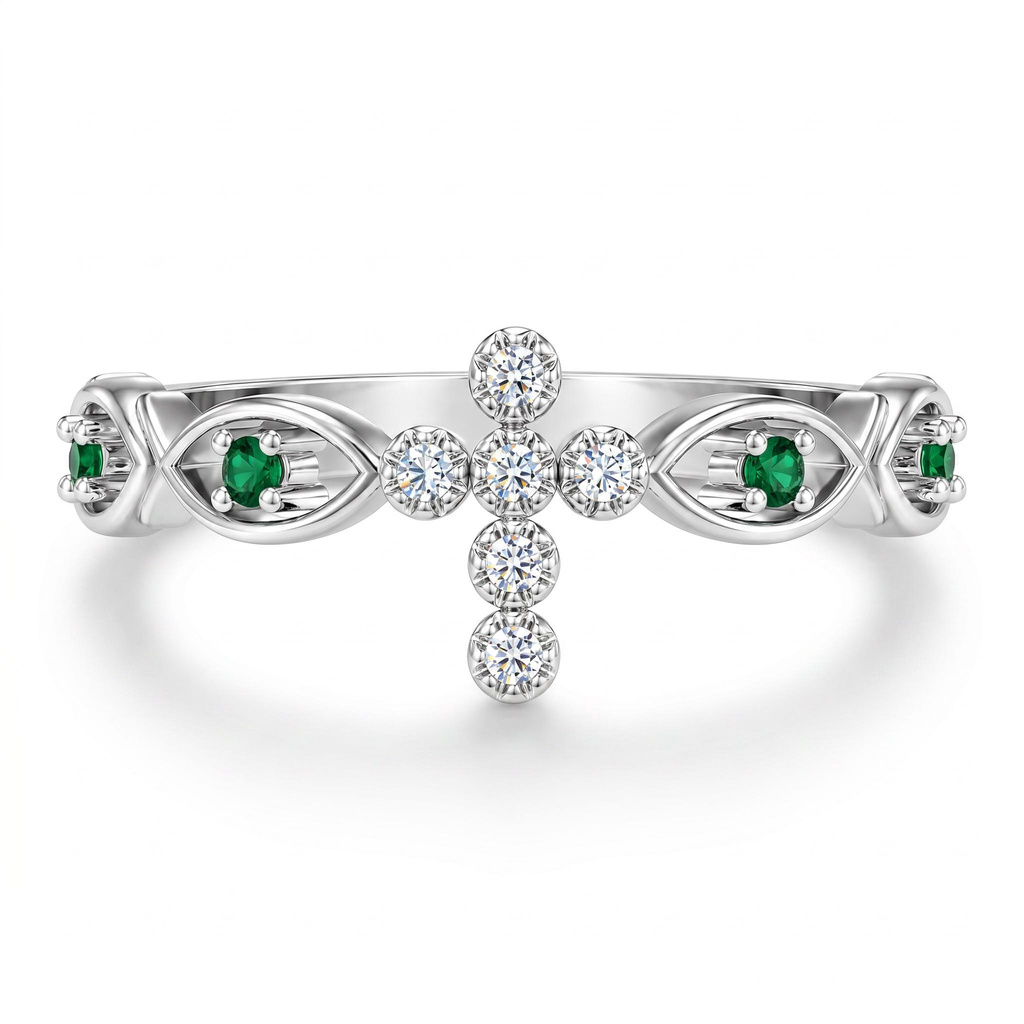 0.13 ct.tw. Cross Design Green Stone Band Ring 0.13 ct.tw. Cross Design Green Stone Band Ring