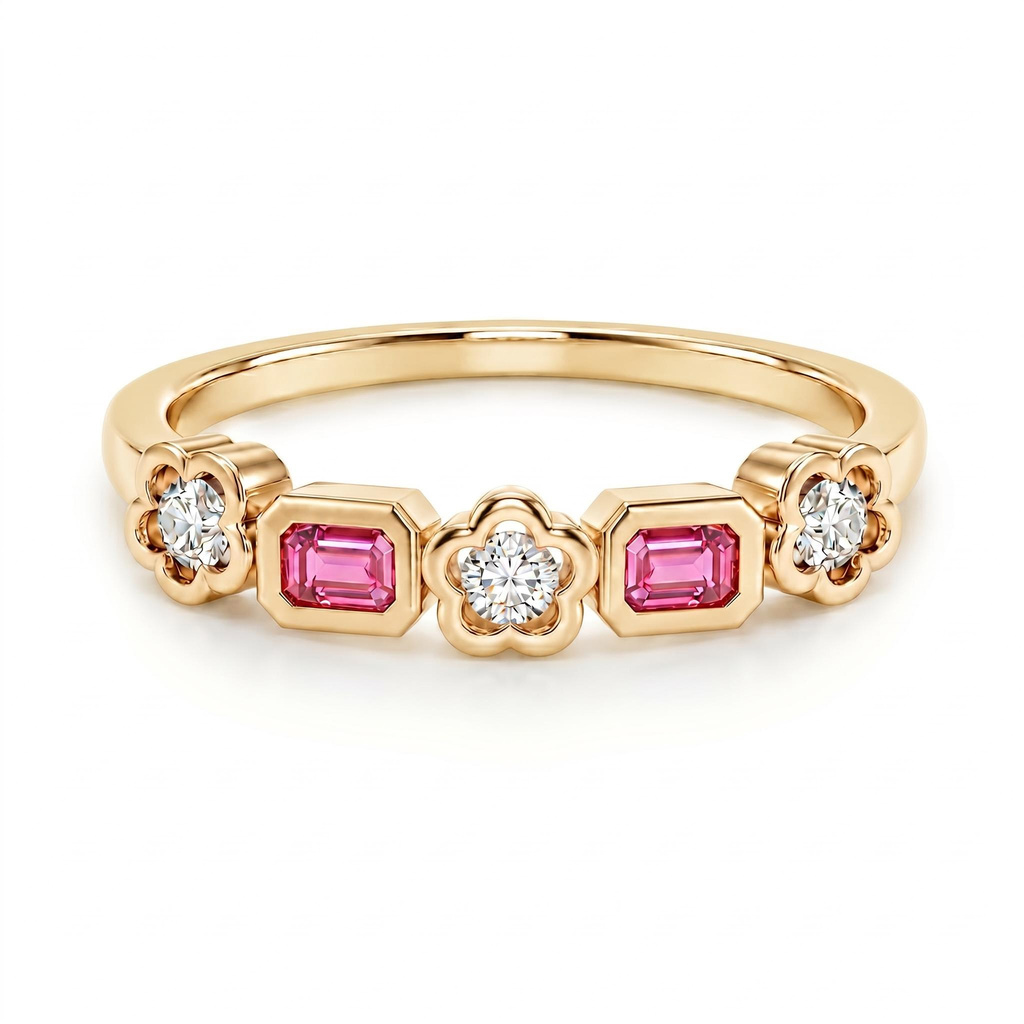 1.0 ct.tw. Pink Emerald Cut Floral Setting Mixed Cut Band Ring