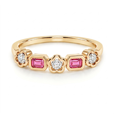 1.0 ct.tw. Pink Emerald Cut Floral Setting Mixed Cut Band Ring
