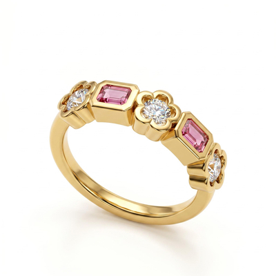 1.0 ct.tw. Pink Emerald Cut Floral Setting Mixed Cut Band Ring
