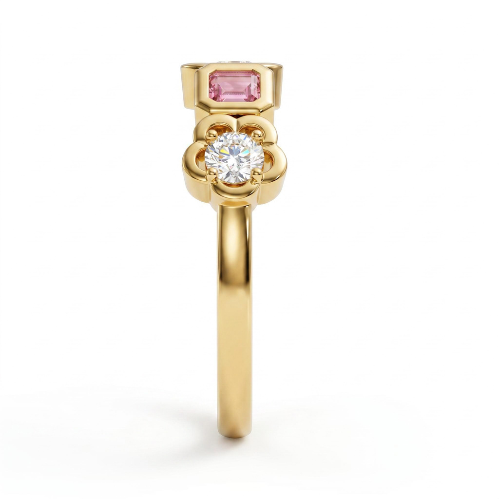 1.0 ct.tw. Pink Emerald Cut Floral Setting Mixed Cut Band Ring