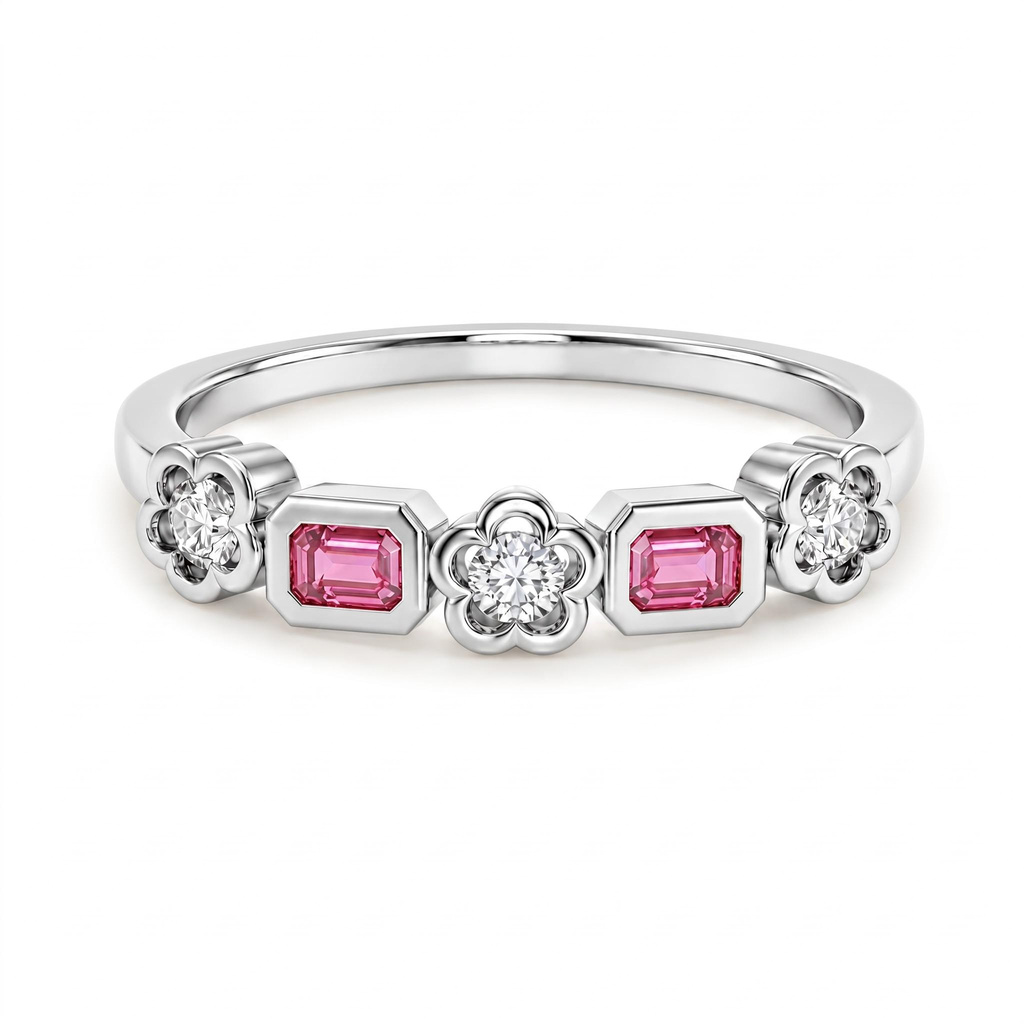 1.0 ct.tw. Pink Emerald Cut Floral Setting Mixed Cut Band Ring