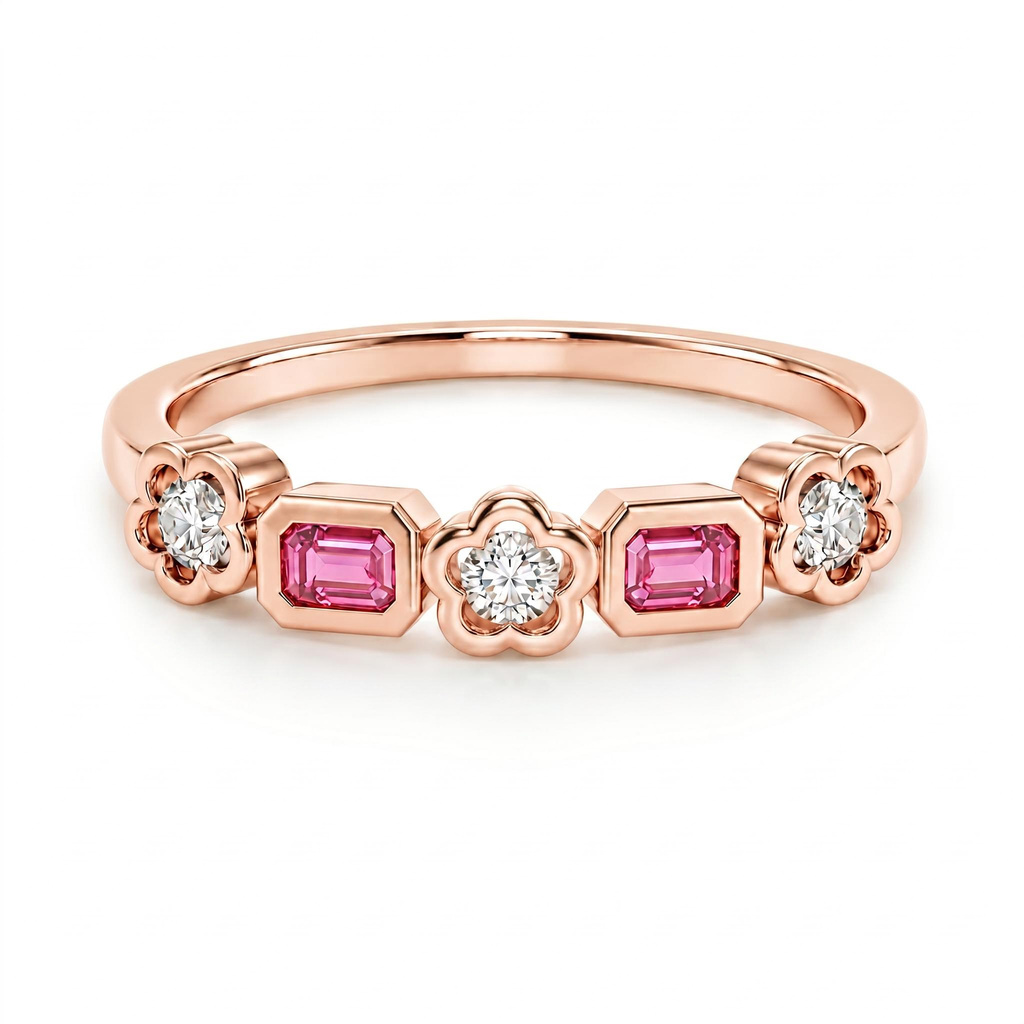 1.0 ct.tw. Pink Emerald Cut Floral Setting Mixed Cut Band Ring
