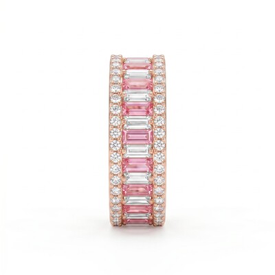 Pink & White Baguette Cut Halo Wedding Ring