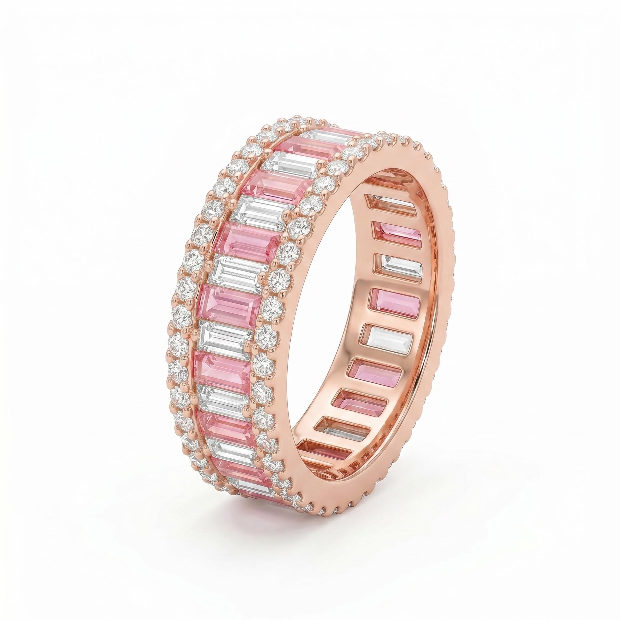 Pink & White Baguette Cut Halo Wedding Ring Pink & White Baguette Cut Halo Wedding Ring