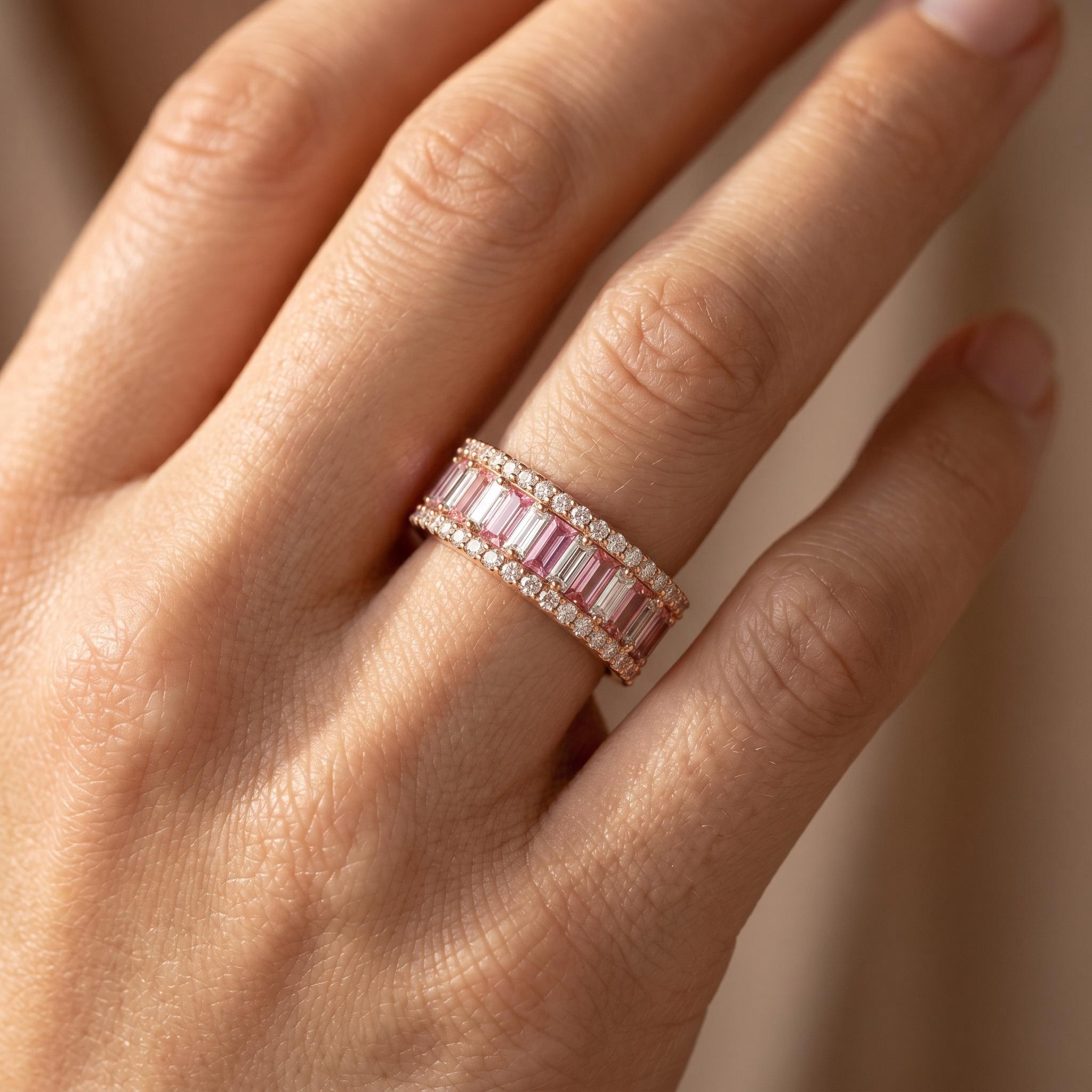 Pink & White Baguette Cut Halo Wedding Ring Pink & White Baguette Cut Halo Wedding Ring