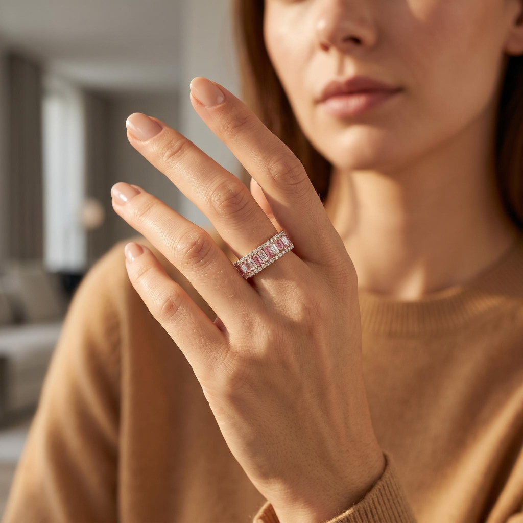 Pink & White Baguette Cut Halo Wedding Ring Pink & White Baguette Cut Halo Wedding Ring