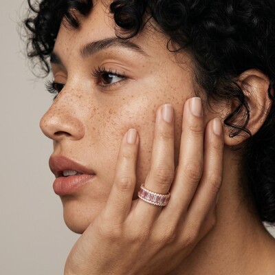 Pink & White Baguette Cut Halo Wedding Ring