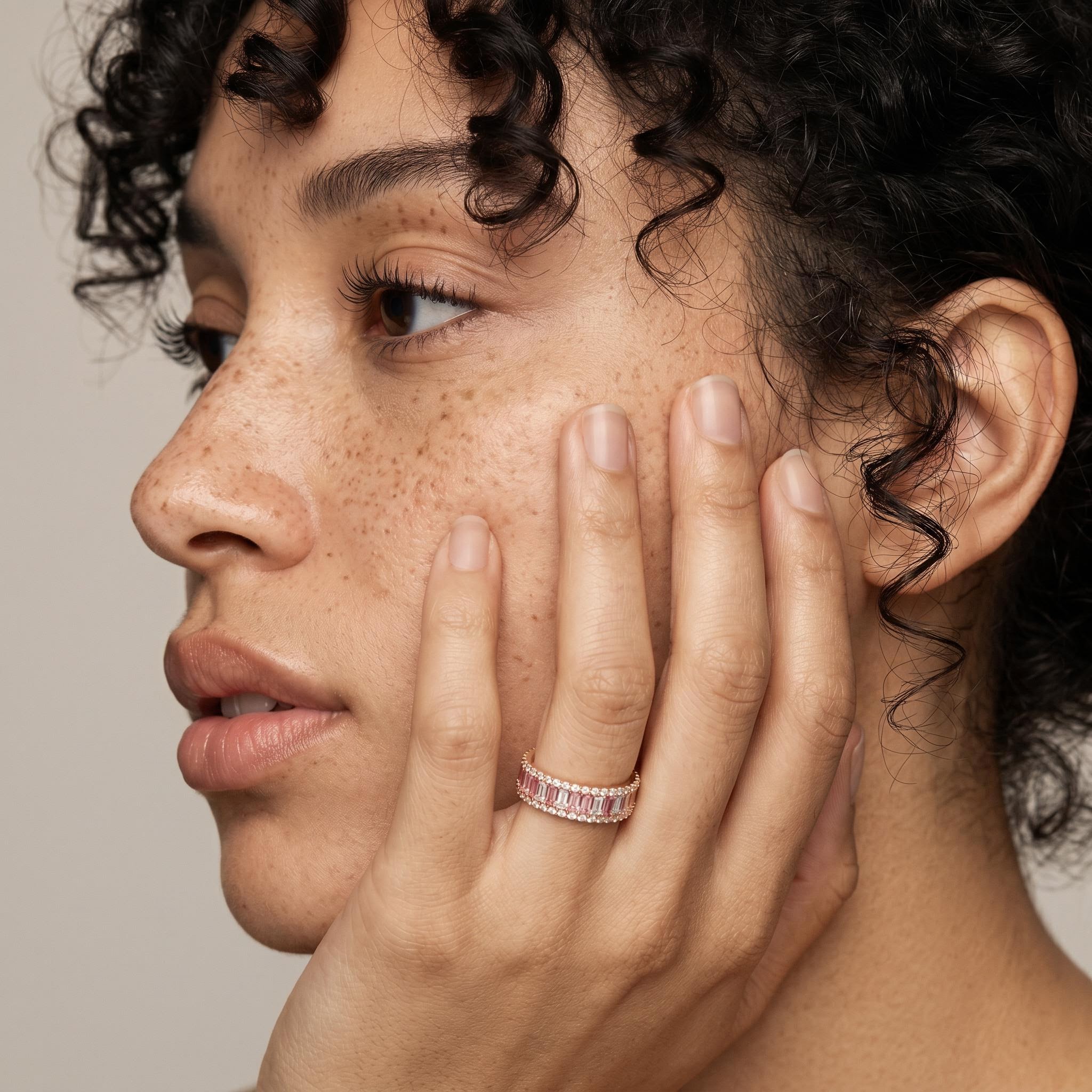 Pink & White Baguette Cut Halo Wedding Ring Pink & White Baguette Cut Halo Wedding Ring