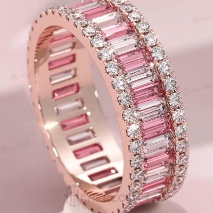 Pink & White Baguette Cut Halo Wedding Ring