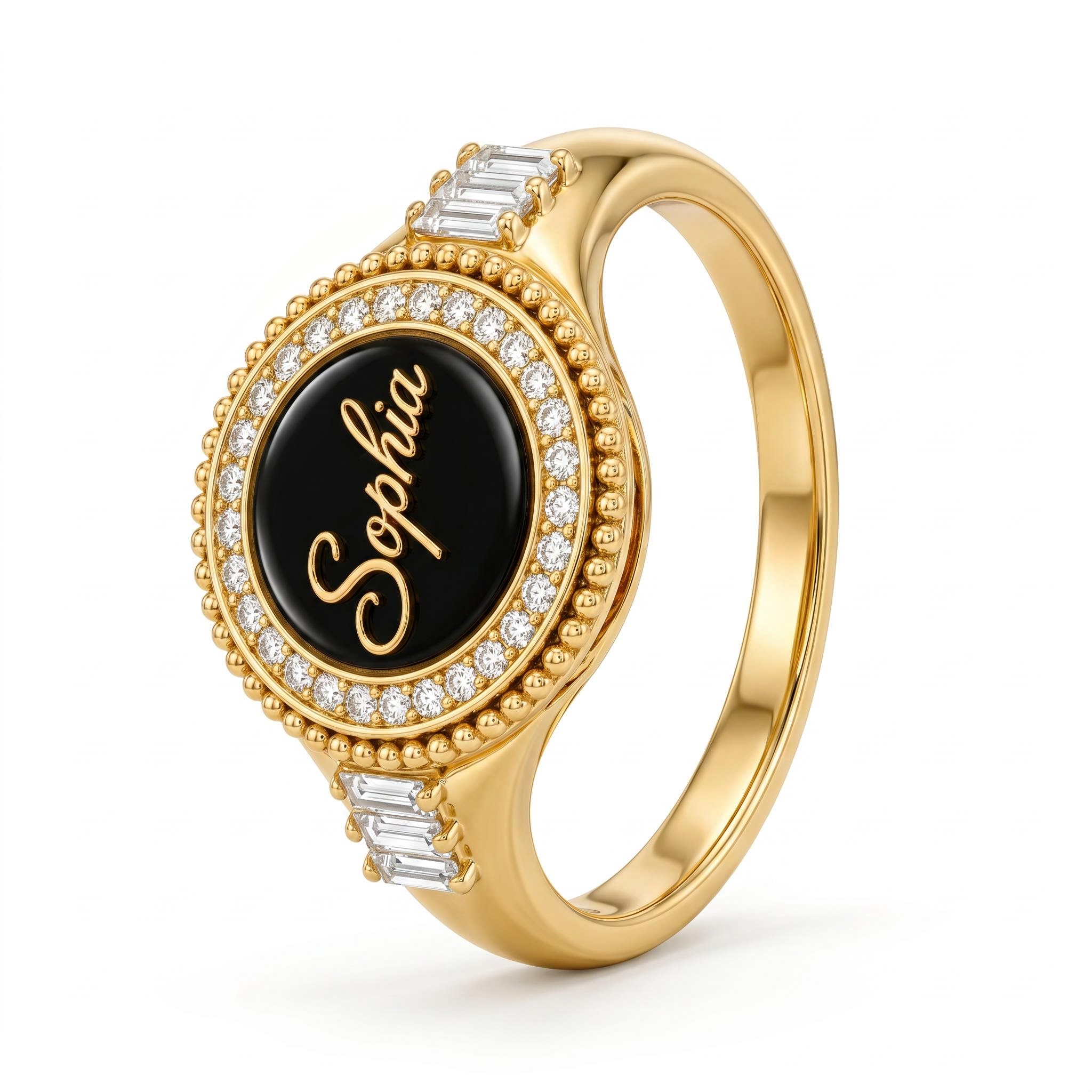 Round Custom Initial/Name Halo with Baguette Cut Signet Ring