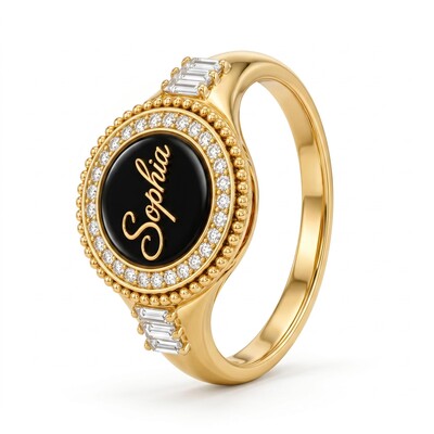 Round Custom Initial/Name Halo with Baguette Cut Signet Ring
