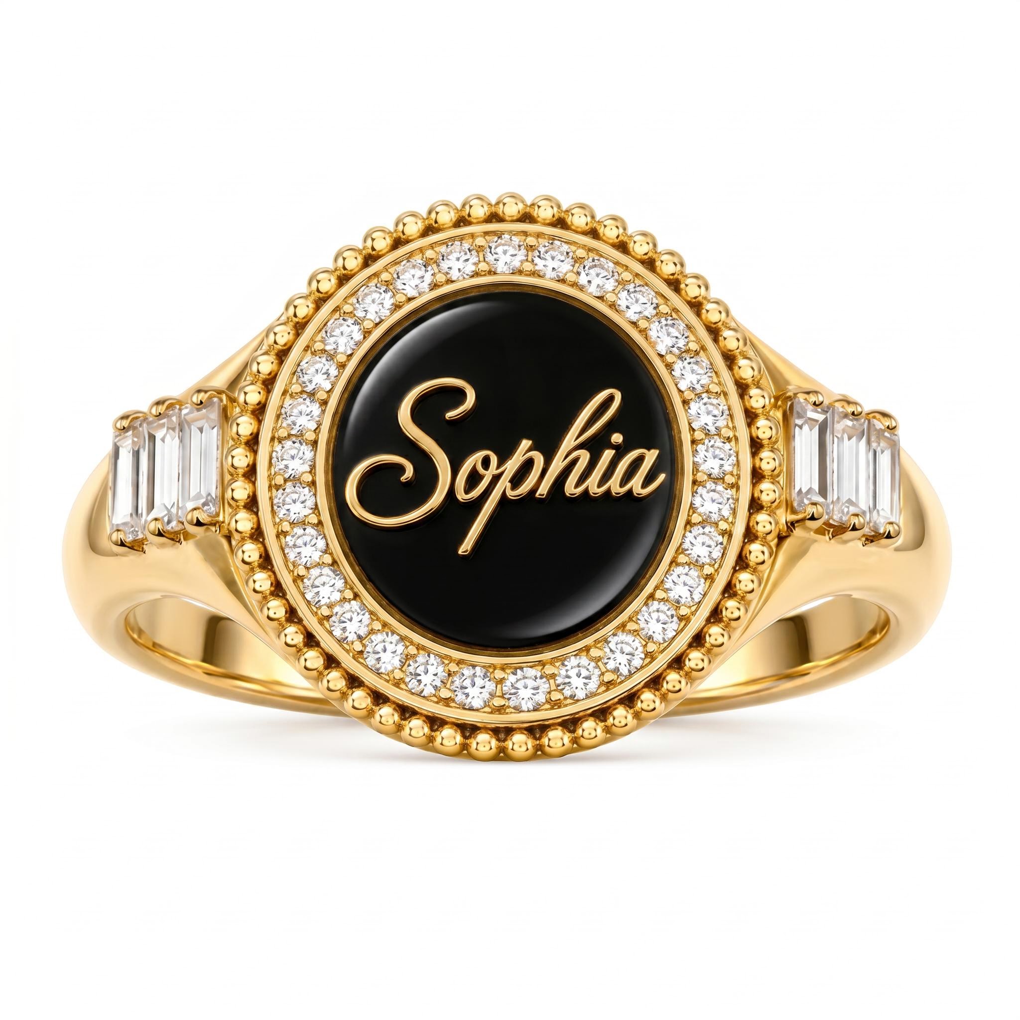 Round Custom Initial/Name Halo with Baguette Cut Signet Ring