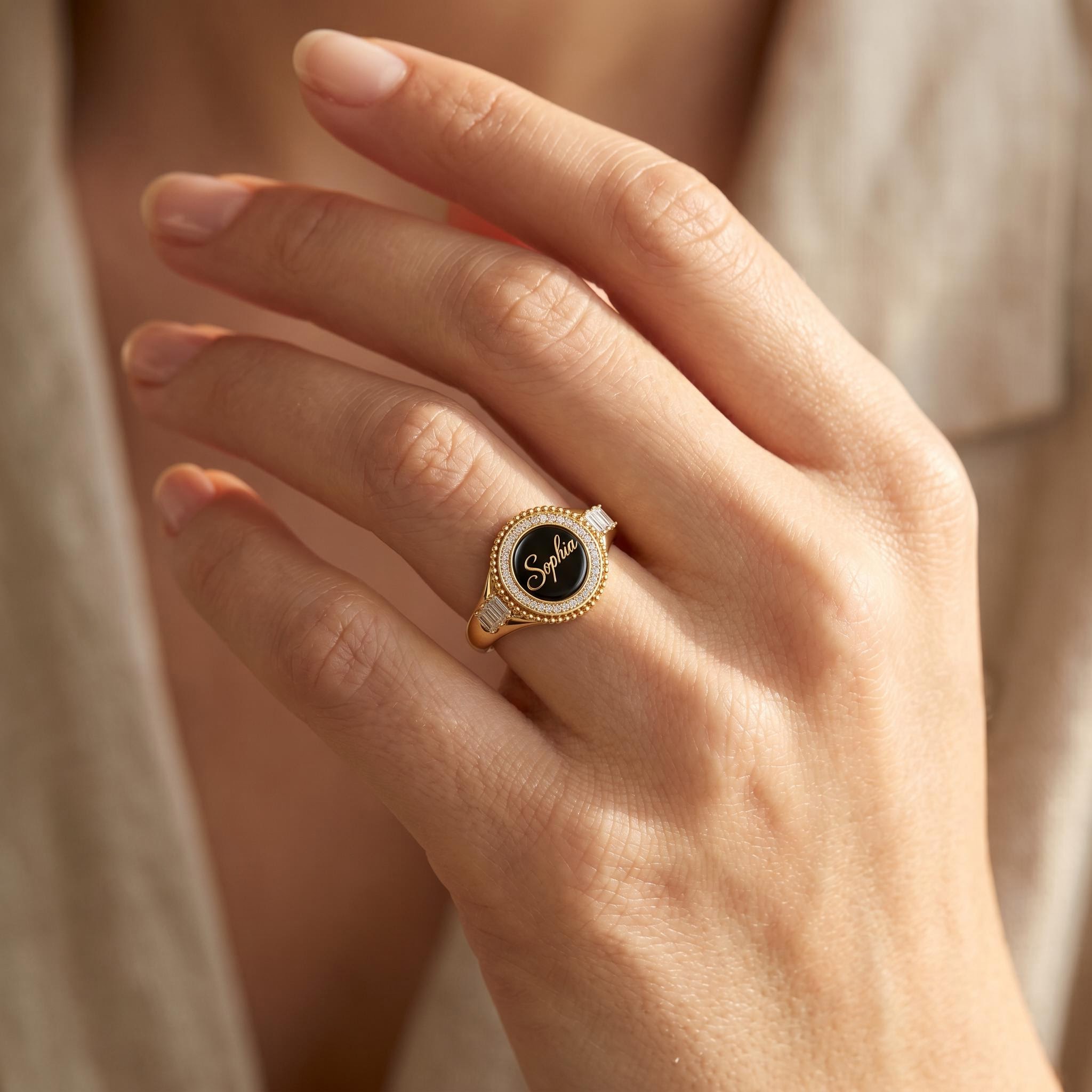 Round Custom Initial/Name Halo with Baguette Cut Signet Ring