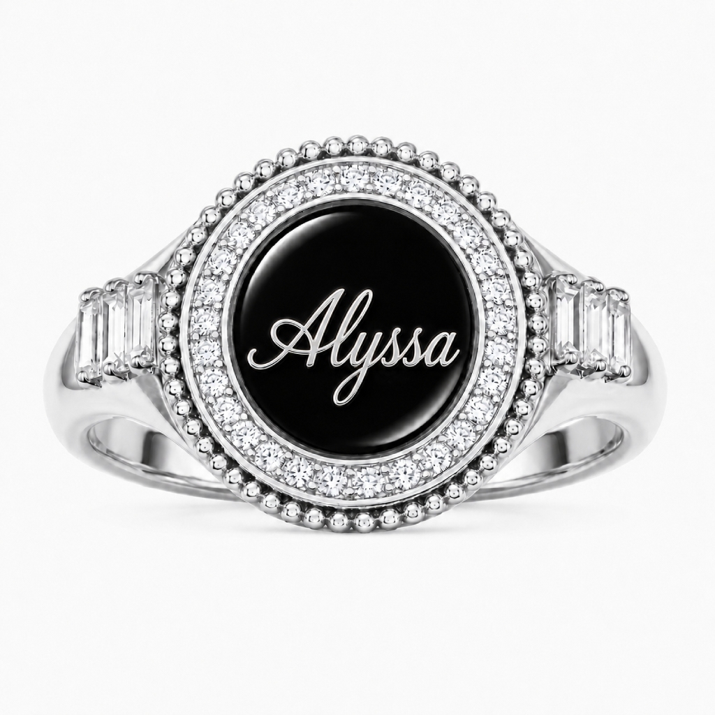 Round Custom Initial/Name Halo with Baguette Cut Signet Ring