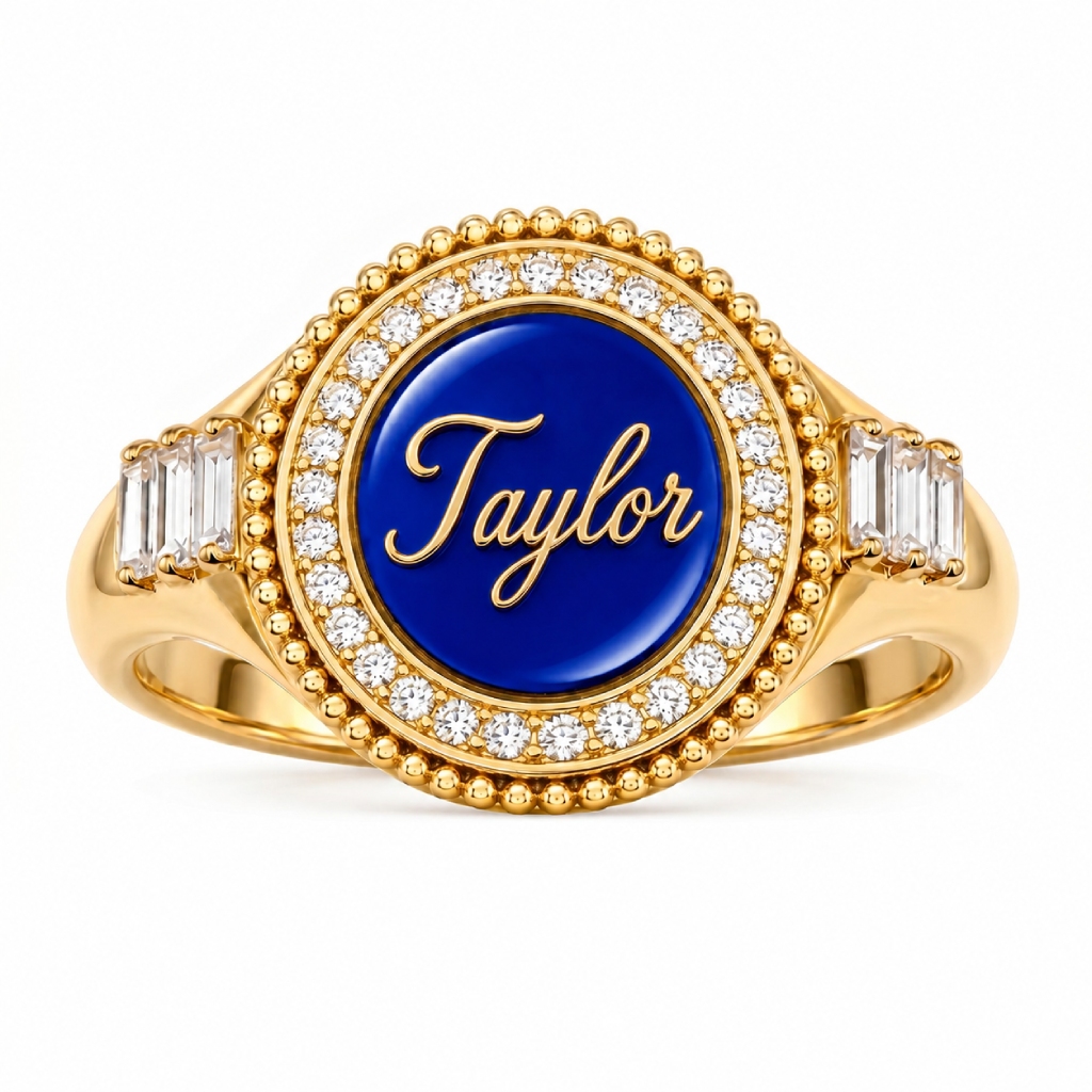 Round Custom Initial/Name Halo with Baguette Cut Signet Ring