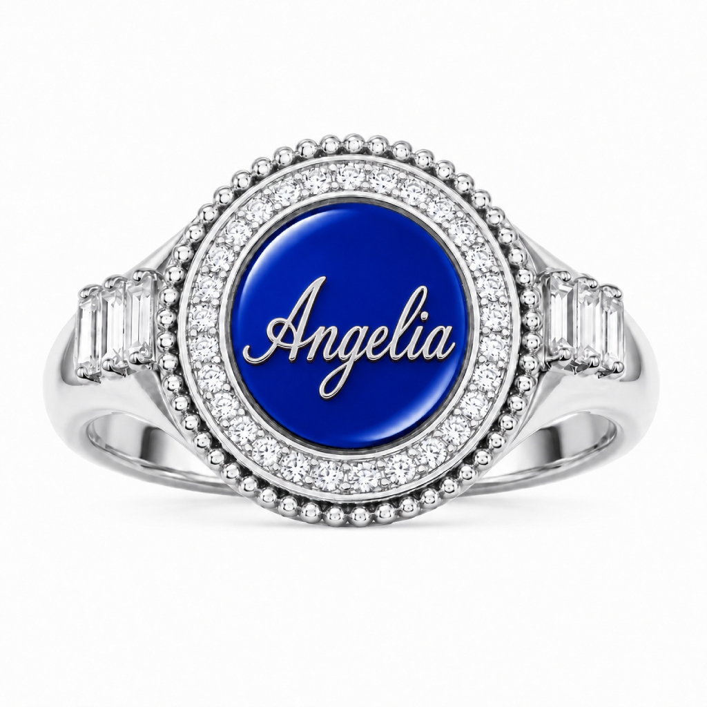 Round Custom Initial/Name Halo with Baguette Cut Signet Ring