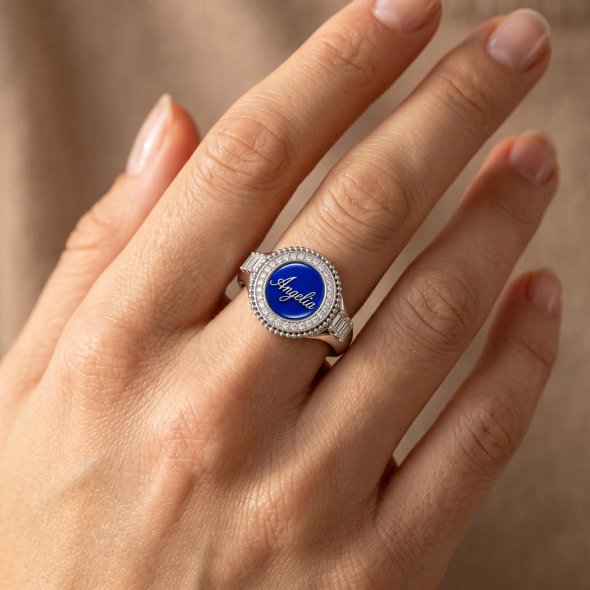 Round Custom Initial/Name Halo with Baguette Cut Signet Ring