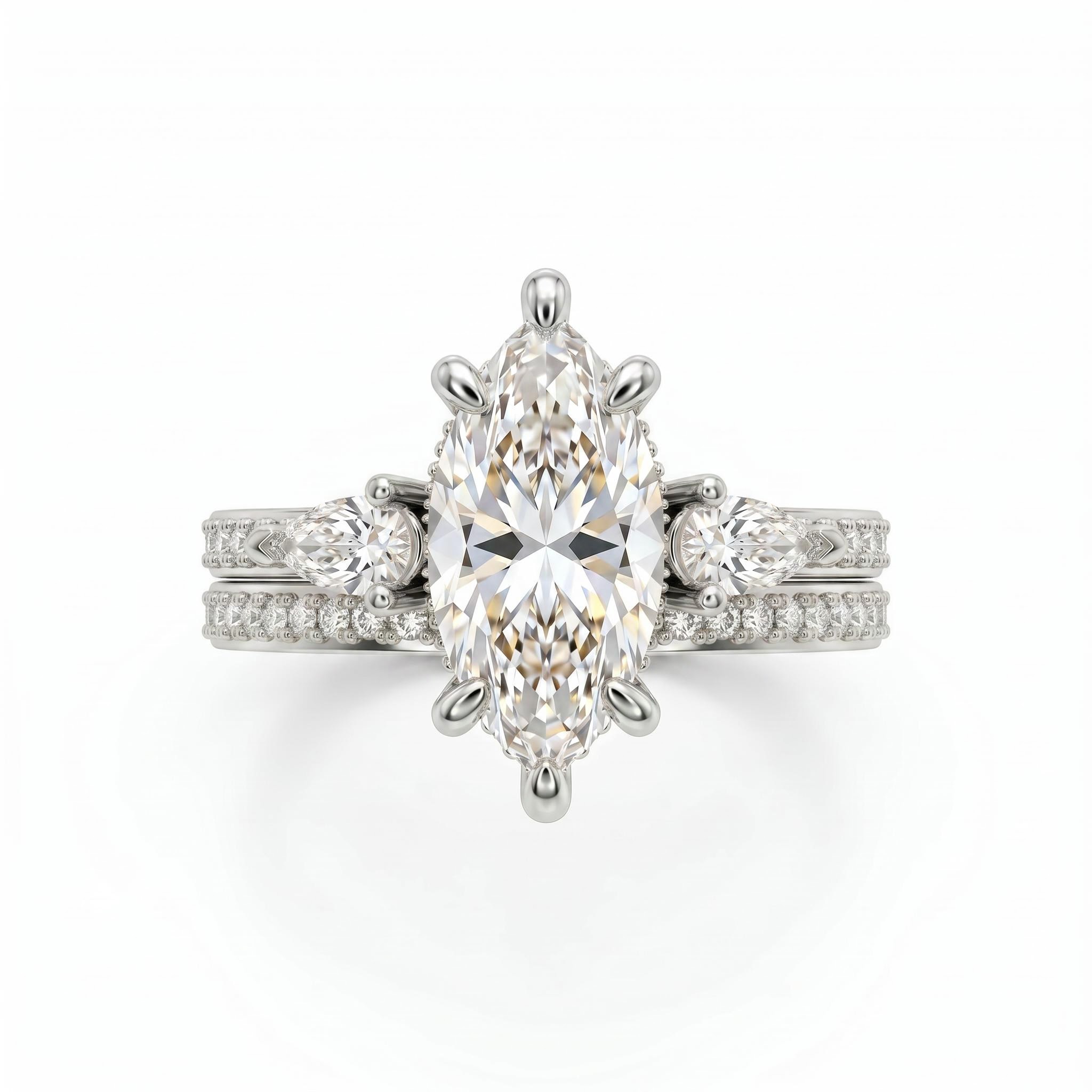 3.71 ct.tw. Marquise Cut Hidden Halo Three-Stone 2-Piece Sparkling Bridal Set