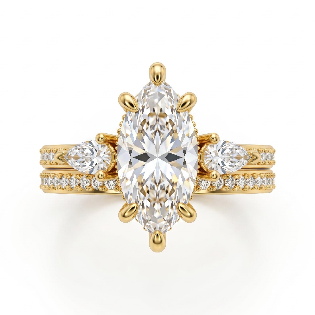 3.71 ct.tw. Marquise Cut Hidden Halo Three-Stone 2-Piece Sparkling Bridal Set