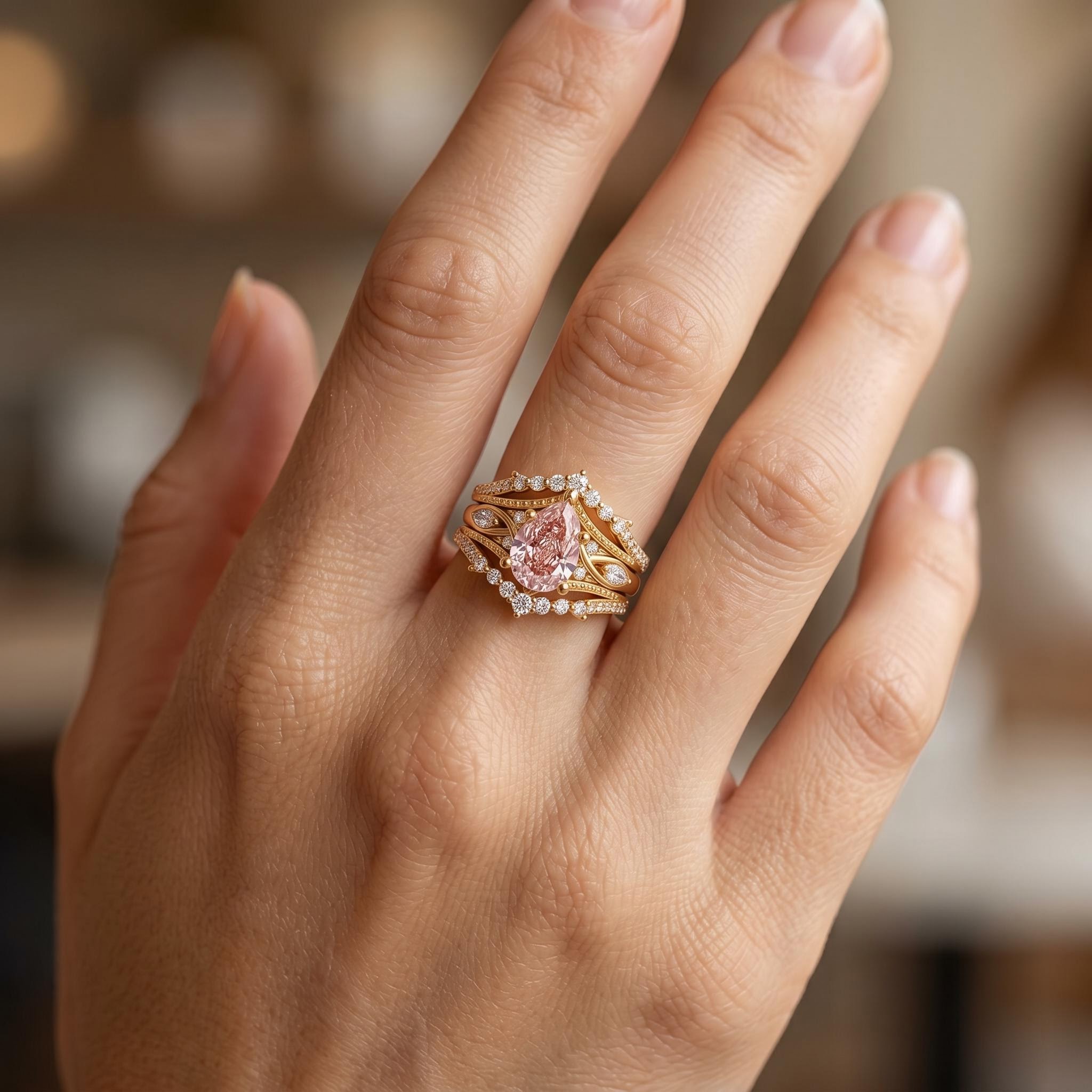 4.85 ct.tw. Pink Pear Cut 2-Piece Stackable Bridal Ring Set